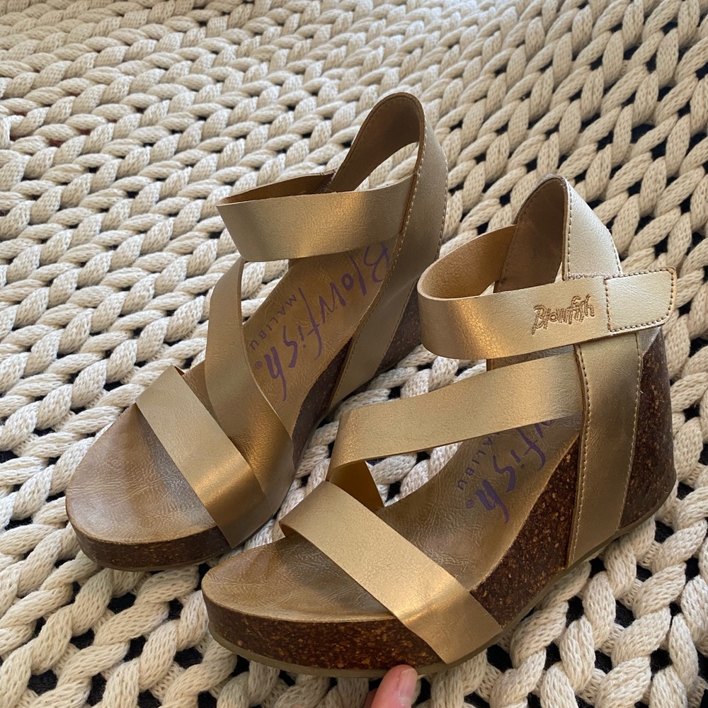 Blowfish Gold Wedge Shoes with Perforated Design
